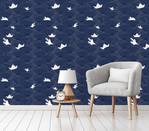 The Waves Wallpaper - Pumice/Denim