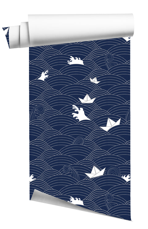 The Waves Wallpaper - Pumice/Denim
